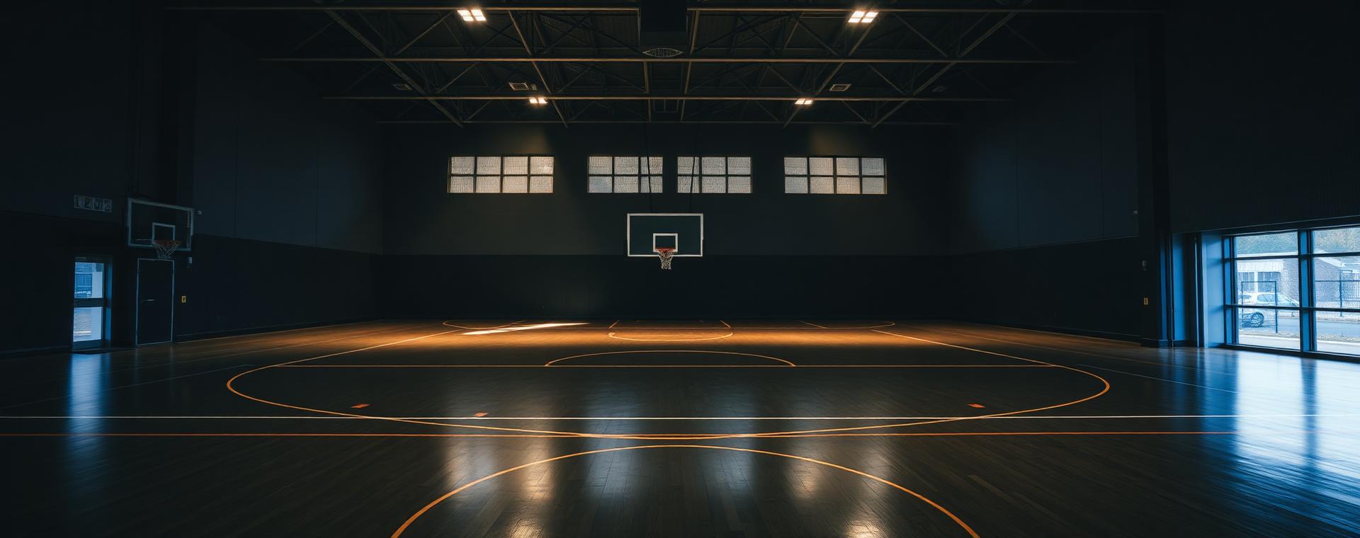 Empty indoor basketball court with court lines